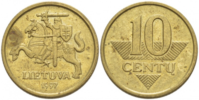 ЛИТВА 10 ЦЕНТОВ 1997 KM 106 латунь 4547-1146