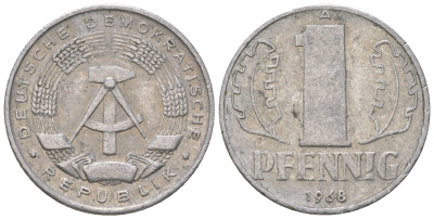 ГДР 1 пфенниг 1968 А КМ 8.1 алюминий 3458-324