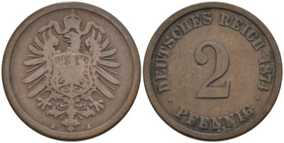 Германия 2 пфеннига 1874 А, старогербовка KM 2, J. 2 медь 4573-1231