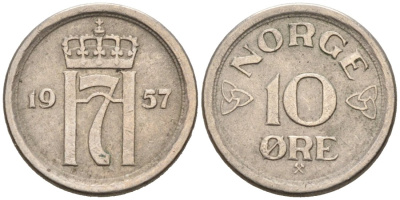 Норвегия 10 эре 1957 Хокон VII (1905-1957) KM 396 медно-никель 4564-824