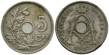 Бельгия 5 сантимов 1922 Belgie, Альберт I (1909-1934) KM 67 медно-никель 4173-253