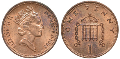 Великобритания 1 пенни 1988 Елизавета II (1952-2022) KM 935, Spink 4381 (B3) бронза 51-2427