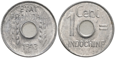 Французский Индокитай 1 цент 1943 год тип KM 26 алюминий UNC 4528-668