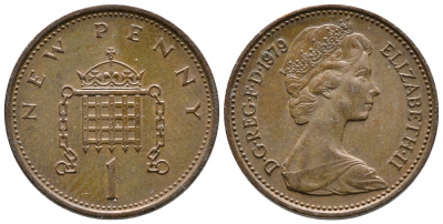 Великобритания 1 пенни 1979 Елизавета II (1952-2022) КМ 915, Spink B1 бронза 87-222