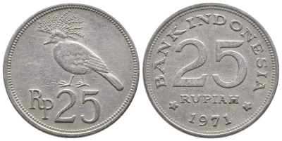 Индонезия 25 рупий 1971 венценосный голубь KM 34 медно-никель 177-1262
