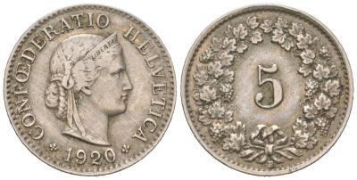 Швейцария 5 раппенов 1920 B KM 26 медно-никель 4160-965