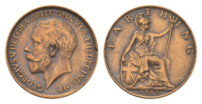 Великобритания 1 фартинг 1913 Георг V (1910-1936) KM 808.1, Spink 4059 бронза 4623-1031