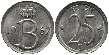 Бельгия 25 сантимов 1967 Belgie, Бодуэн I (1951-1993) KM 154.1 медно-никель 99-354