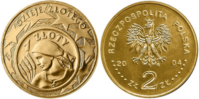 Польша 2 злотых 2004 MW, история злотого, монета на монете KM 479 нордик UNC 4448-524