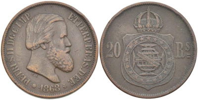 Бразилия 20 рейсов 1868 Педро II (1831-1889) KM 474 бронза 4529-515