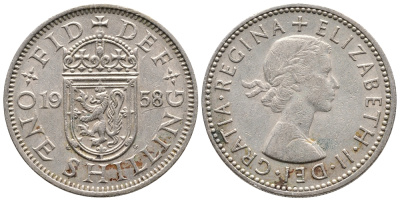Великобритания 1 шиллинг 1958 Елизавета II (1952-2022), Шотландский герб KM 905, Spink 4148 медно-никель 86-857