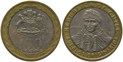 Чили 100 песо 2008 So KM 236, Schon 84 биметалл 4544-222