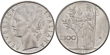 Италия 100 лир 1979 R, Афина в доспехах KM 96.1 нержавеющая сталь 4149-1231