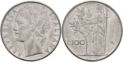 Италия 100 лир 1979 R, Афина в доспехах KM 96.1 нержавеющая сталь 4149-1231
