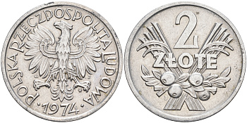 Польша 2 злотых 1974 MW KM 46, Parchimowicz 216h алюминий   4140-1143