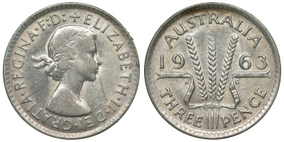 Австралия 3 пенса 1963 m, Елизавета II (1952-2022) KM 57 серебро 71-832