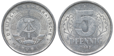 ГДР 5 ПФЕННИГОВ 1983 A КМ 9.2 алюминий 62-516