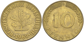 ФРГ 10 ПФЕННИГОВ 1969 D KM 108, J. 383 сталь плакированная латунью 4182-813
