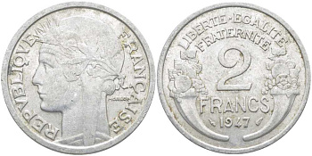 Франция 2 франка 1947 KM 886a.1, LE FRANC 269.10 алюминий 4112-625