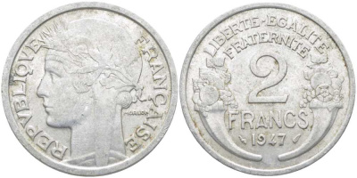 Франция 2 франка 1947 KM 886a.1, LE FRANC 269.10 алюминий 4112-625