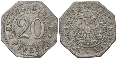Шварцбург-Зондерсгаузен 20 пфеннингов 1918 Funck 489.2, Men05 23049.2, Men18 28863.2, Men05?23049.3, Men18?28863.3 железо 1515-321