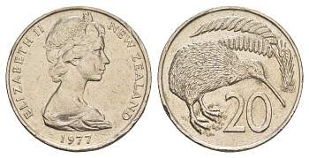 Новая Зеландия 20 центов 1977 Елизавета II (1952-2022), птичка киви KM 36 медно-никель 4683-131