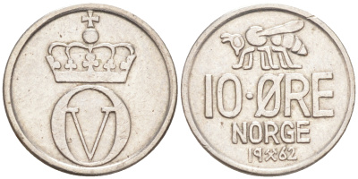 НОРВЕГИЯ 10 ЭРЕ 1962 ПЧЕЛА, ОЛАФ V (1957-1991) KM 411 медно-никель 105-1034