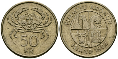 Исландия 50 крон 1992 KM 31 никель латунь 4172-525