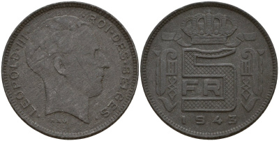 Бельгия 5 франков 1943 DES BELGES, Леопольд III (1934-1947) KM 130 цинк 4161-942