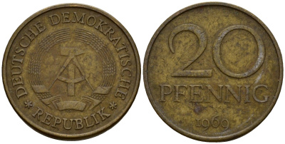 ГДР 20 пфеннигов 1969 A, первый год KM 11 латунь 4601-534