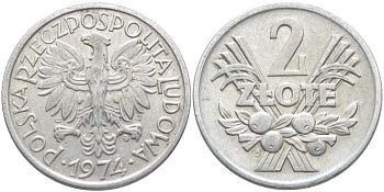 Польша 2 злотых 1974 MW KM 46, Parchimowicz 216h алюминий 113-416