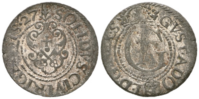 Ливония, Рига, шведская оккупация солид (шиллинг) 1627 Густав II Адольф (1621-1632) Ahlstroem 14, Haljak II 1465, Fed 725, Neum 50, KM 9 серебро    4169-664