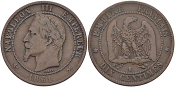 Франция 10 сантимов 1861 K, Наполеон III (1852-1870) KM 798.3, Le Franc 134.4 бронза 3460-231