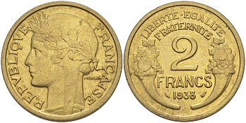 Франция 2 франка 1938 тип Морлон KM 886, Le Franc 268.11 алюминиевая бронза 3460-544