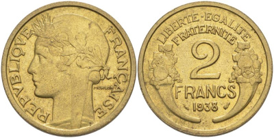 Франция 2 франка 1938 тип Морлон KM 886, Le Franc 268.11 алюминиевая бронза 3460-544