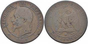 Франция 10 сантимов 1862 BB, Наполеон III (1852-1870) KM 798.1, Le Franc 134.6 бронза 3460-935