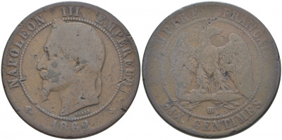 Франция 10 сантимов 1862 BB, Наполеон III (1852-1870) KM 798.1, Le Franc 134.6 бронза 3460-935