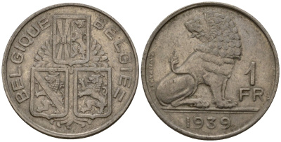 Бельгия 1 франк 1939 Belgique - Belgie KM 119 никель 4603-1226
