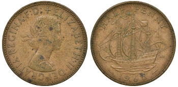 Великобритания 1/2 пенни 1965 Елизавета II (1952-2022) KM 896, Spink 4158 бронза 4681-631