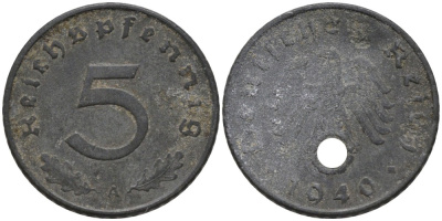 Германия 5 рейхспфеннигов 1940 А, монетный двор Берлин KM 100, J. 370 цинк 186-652