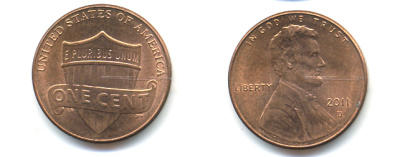 США 1 ЦЕНТ 2011 D ЛИНКОЛЬН, ЩИТ KM 469 цинк плакированный медью 86-367