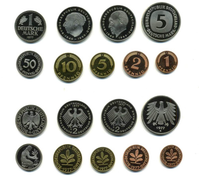 ФРГ набор из 9 монет 1977 G (1, 2, 5, 10, 50 пфеннигов, 1, 2, 2, 5 марок) PROOF N5-24