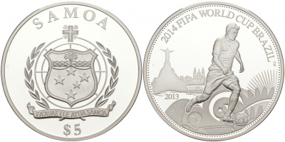 Самоа 5 тала 2013 FIFA, Чемпионат мира по футболу в Бразилии 2014 KM NEW серебро PROOF 11-078-45