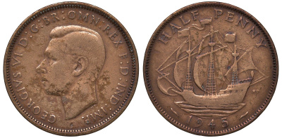 Великобритания 1/2 пенни 1945 Георг VI (1936-1952) KM 844, Spink 4115 бронза 4122-757