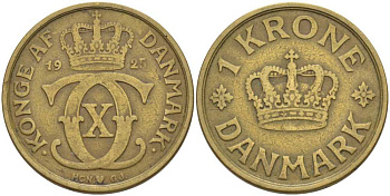 Дания 1 крона 1925 HCN; GJ, Кристиан X (1912-1947) KM 824.1 алюминиевая бронза 38-424