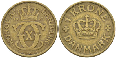 Дания 1 крона 1925 HCN; GJ, Кристиан X (1912-1947) KM 824.1 алюминиевая бронза 38-424
