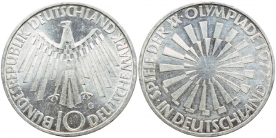 ФРГ 10 МАРОК 1972 G, ОЛИМПИАДА, СПИРАЛЬ KM 130, J.401a серебро UNC 1520-1414
