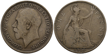 Великобритания 1 пенни 1916 Георг V (1910-1936) КМ 810, Spink 4051 бронза 3460-444