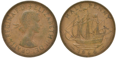 Великобритания 1/2 пенни 1966 Елизавета II (1952-2022) KM 896, Spink 4158 бронза 4681-632