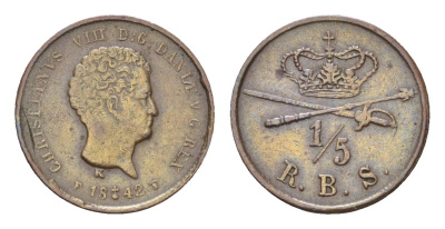 Дания 1/5 риксбанкскиллинга 1842 FF, Кристиан VIII (1839-1848) KM 723 (C118) медь 4549-856